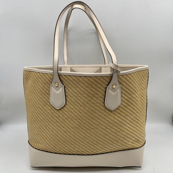 Michael Kors Eva Large Woven Straw and Cream Leather Trim Tote Bag with Leather - Picture 2 of 11